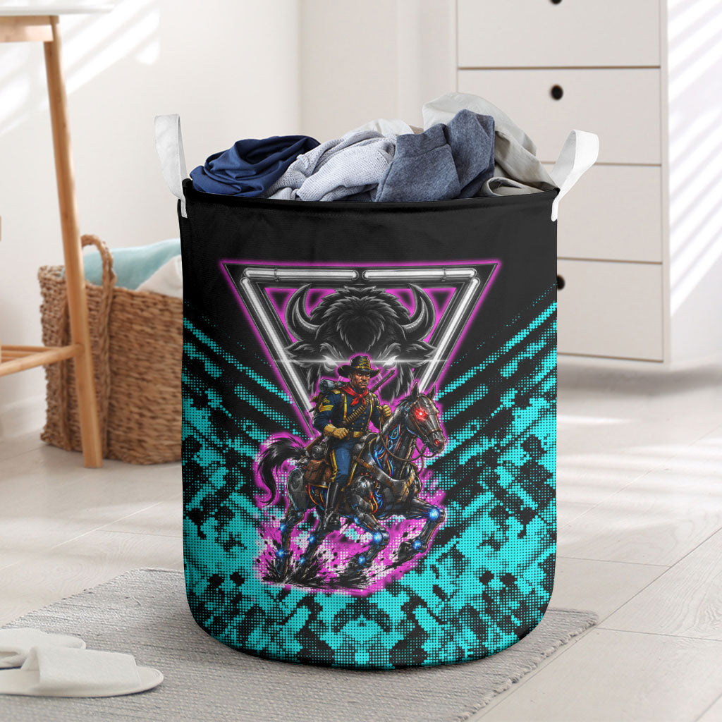Buffalo Soldiers 9th Cavalry Regiment Laundry Basket Cyberpunk Synthwave Neon Futuristic Graphic Art