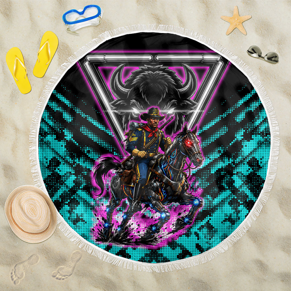 Buffalo Soldiers 9th Cavalry Regiment Beach Blanket Cyberpunk Synthwave Neon Futuristic Graphic Art