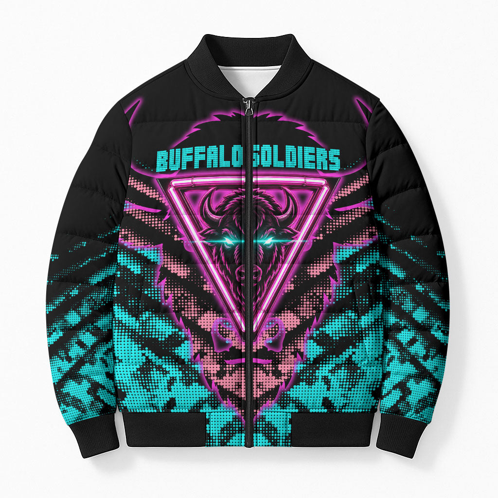 Buffalo Soldiers 9th Cavalry Regiment Bomber Puffer Jacket Cyberpunk Synthwave Neon Futuristic Graphic Art