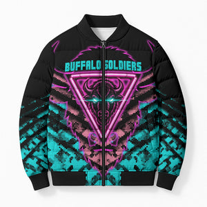 Buffalo Soldiers 9th Cavalry Regiment Bomber Puffer Jacket Cyberpunk Synthwave Neon Futuristic Graphic Art