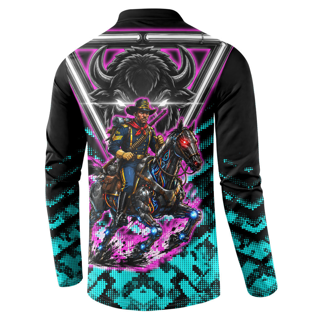 Buffalo Soldiers 9th Cavalry Regiment Button Sweatshirt Cyberpunk Synthwave Neon Futuristic Graphic Art
