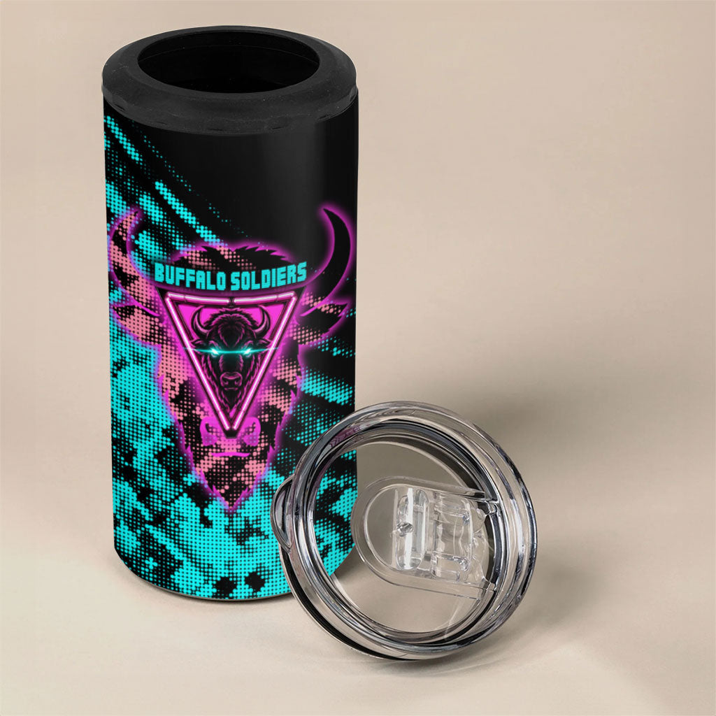 Buffalo Soldiers 9th Cavalry Regiment 4 in 1 Can Cooler Tumbler Cyberpunk Synthwave Neon Futuristic Graphic Art