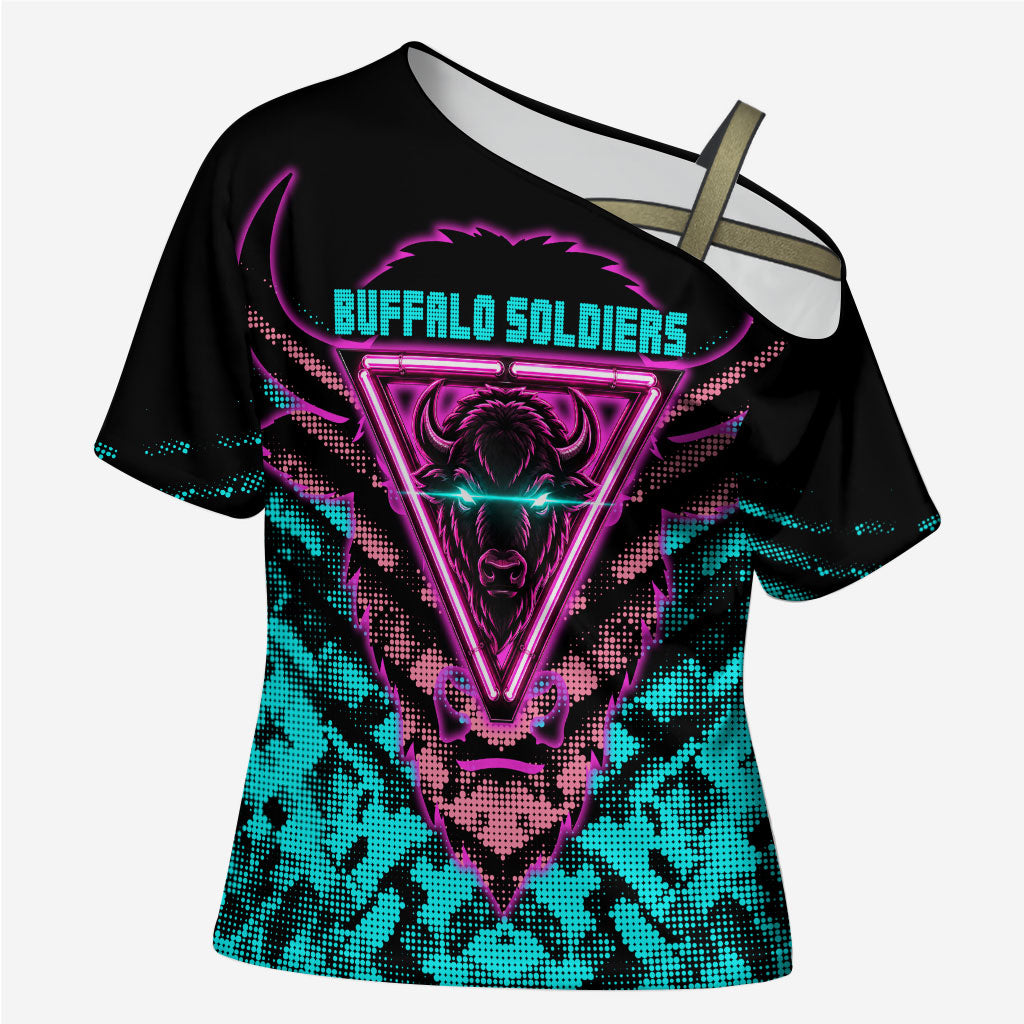 Buffalo Soldiers 9th Cavalry Regiment Cross Shoulder Shirt Cyberpunk Synthwave Neon Futuristic Graphic Art