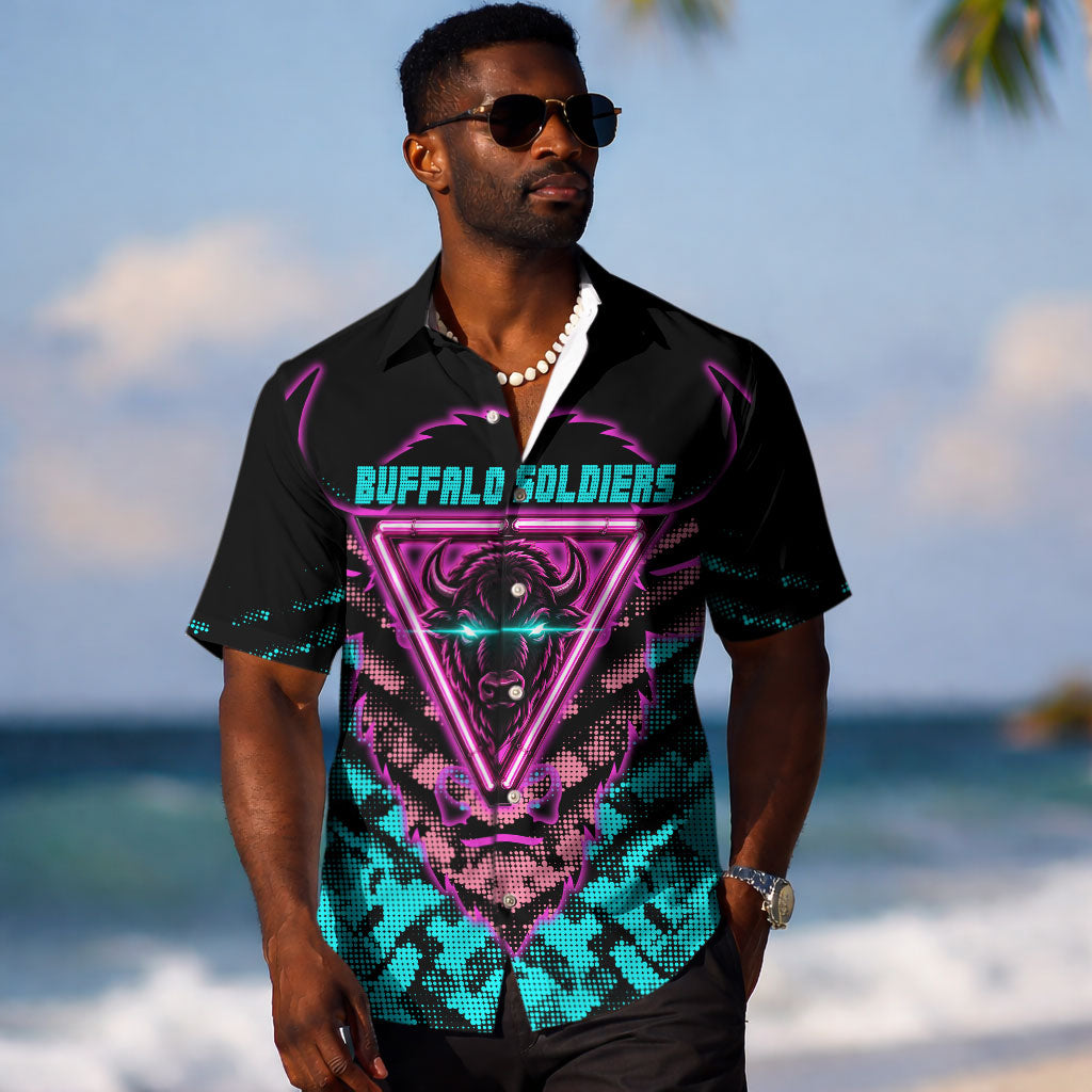 Buffalo Soldiers 9th Cavalry Regiment Hawaiian Shirt Cyberpunk Synthwave Neon Futuristic Graphic Art