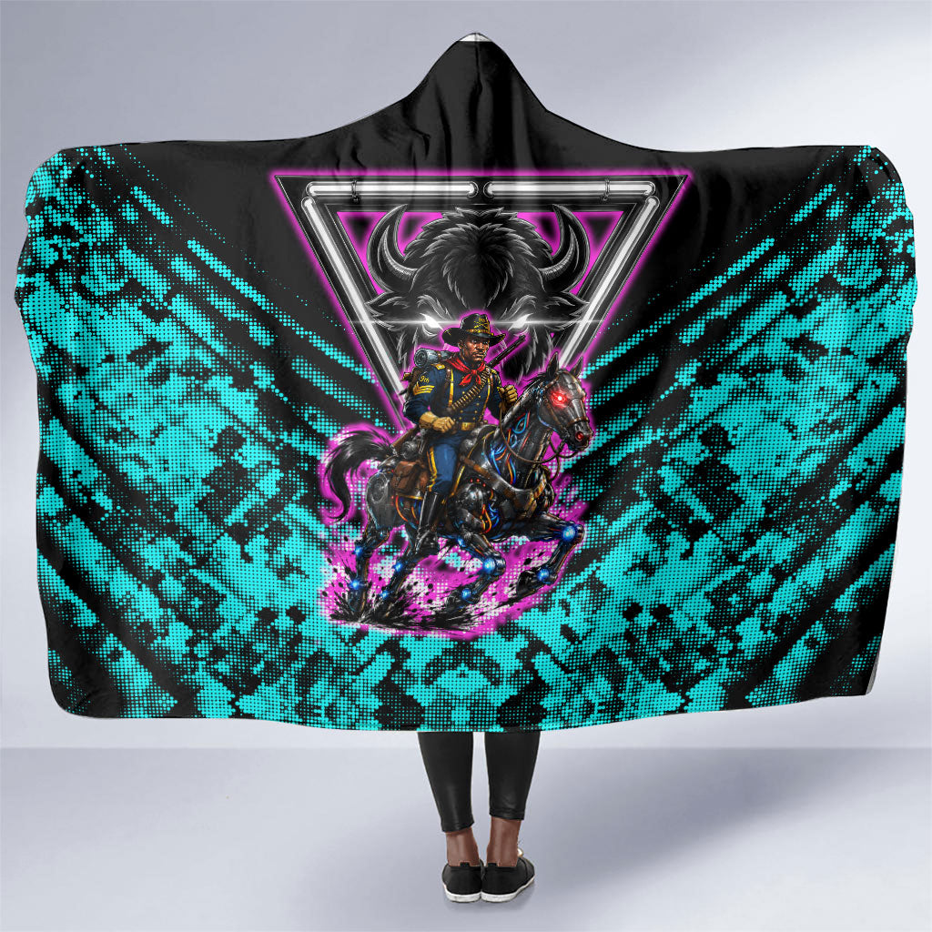 Buffalo Soldiers 9th Cavalry Regiment Hooded Blanket Cyberpunk Synthwave Neon Futuristic Graphic Art