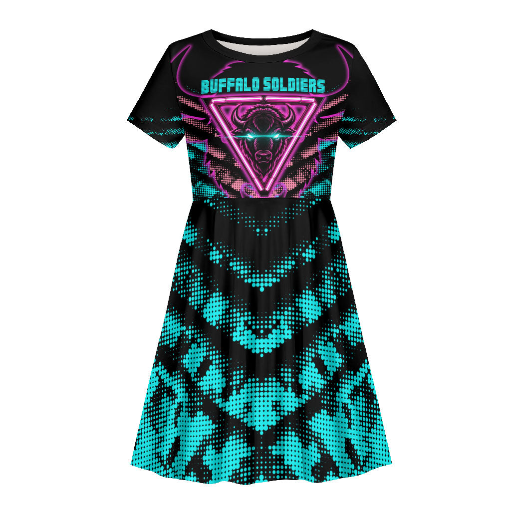 Buffalo Soldiers 9th Cavalry Regiment Kid Short Sleeve Dress Cyberpunk Synthwave Neon Futuristic Graphic Art
