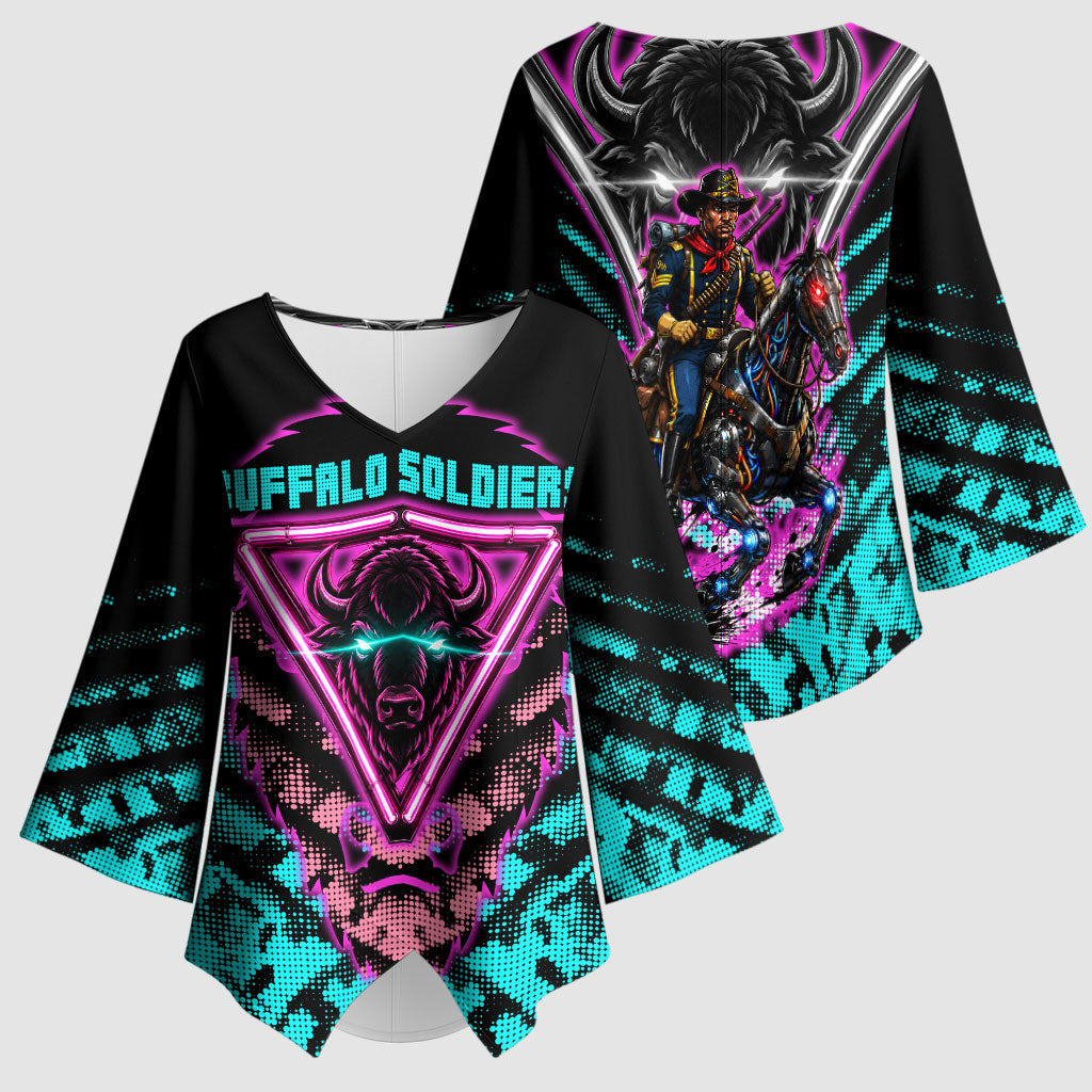 Buffalo Soldiers 9th Cavalry Regiment Kimono Sleeve Blouse Cyberpunk Synthwave Neon Futuristic Graphic Art