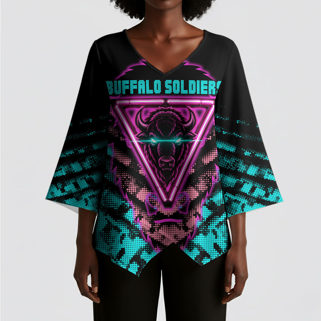 Buffalo Soldiers 9th Cavalry Regiment Kimono Sleeve Blouse Cyberpunk Synthwave Neon Futuristic Graphic Art