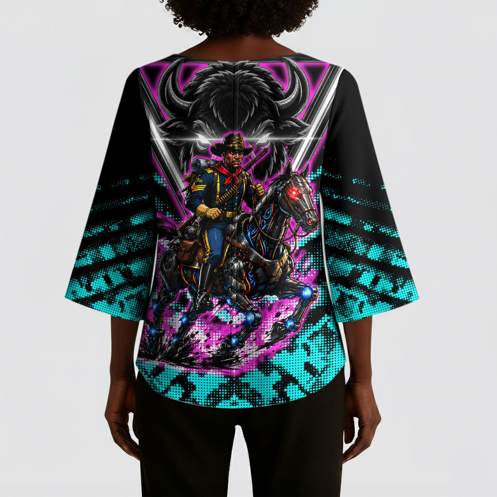 Buffalo Soldiers 9th Cavalry Regiment Kimono Sleeve Blouse Cyberpunk Synthwave Neon Futuristic Graphic Art