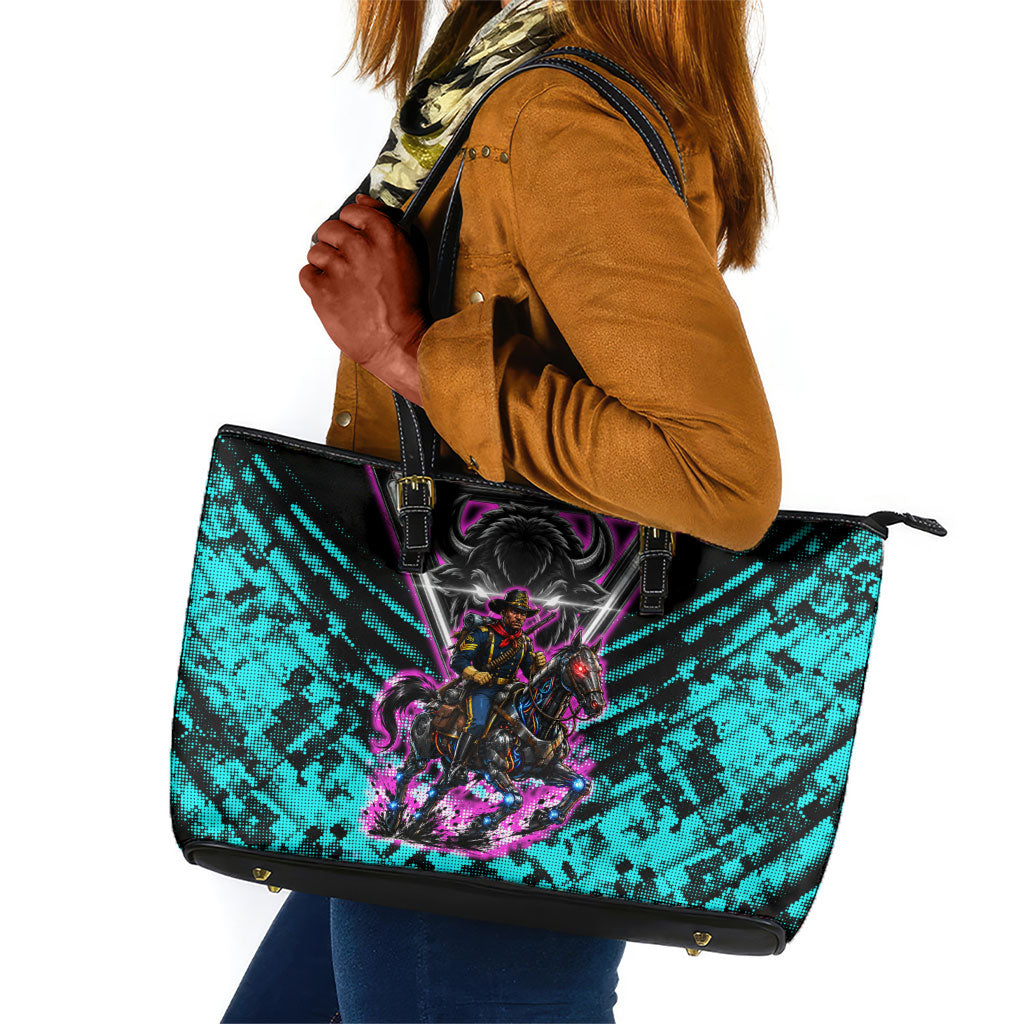 Buffalo Soldiers 9th Cavalry Regiment Leather Tote Bag Cyberpunk Synthwave Neon Futuristic Graphic Art