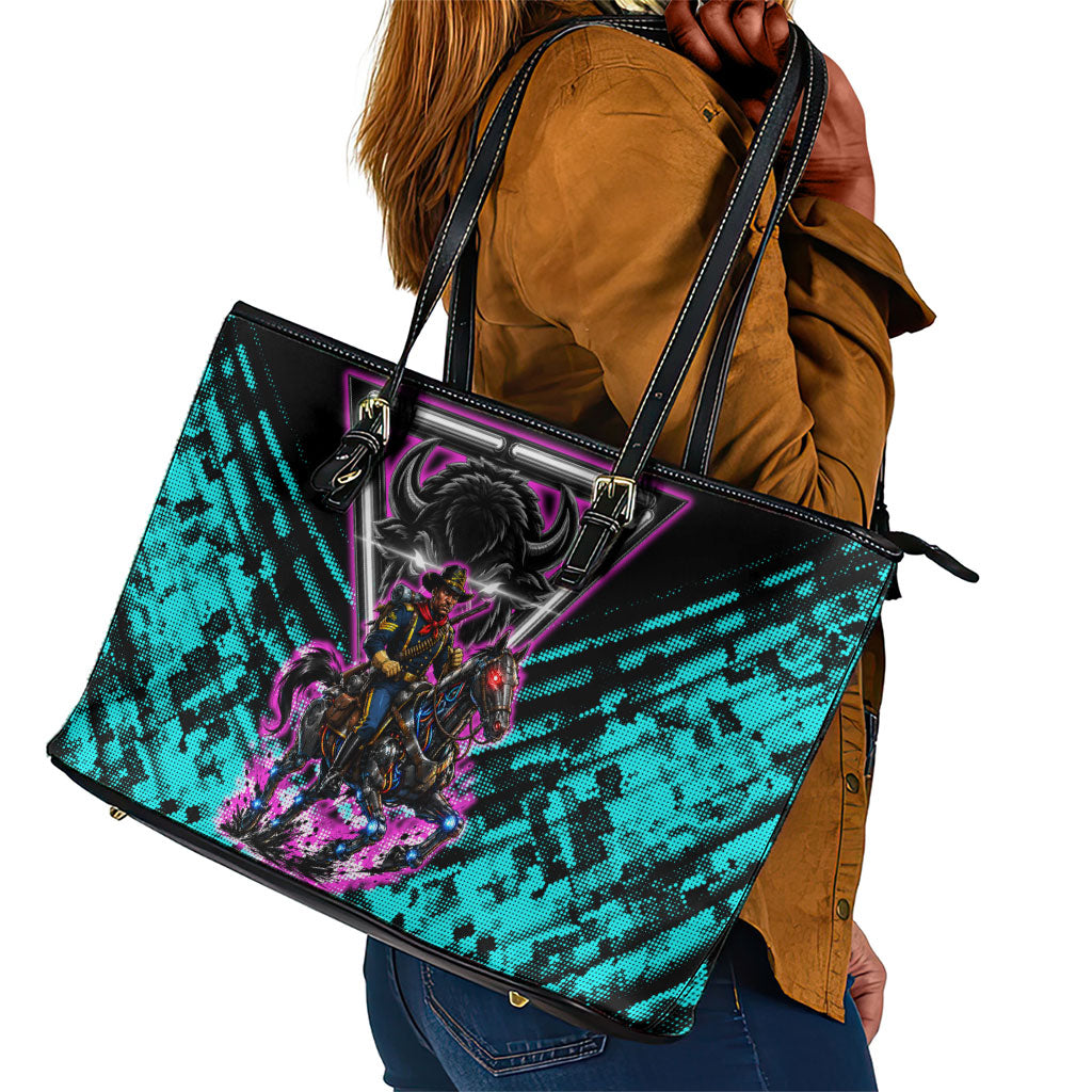 Buffalo Soldiers 9th Cavalry Regiment Leather Tote Bag Cyberpunk Synthwave Neon Futuristic Graphic Art