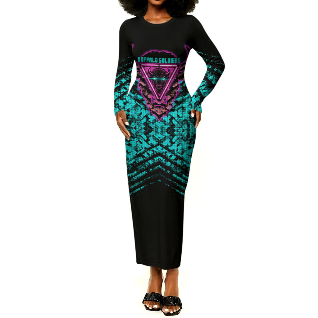 Buffalo Soldiers 9th Cavalry Regiment Long Sleeve Bodycon Dress Cyberpunk Synthwave Neon Futuristic Graphic Art