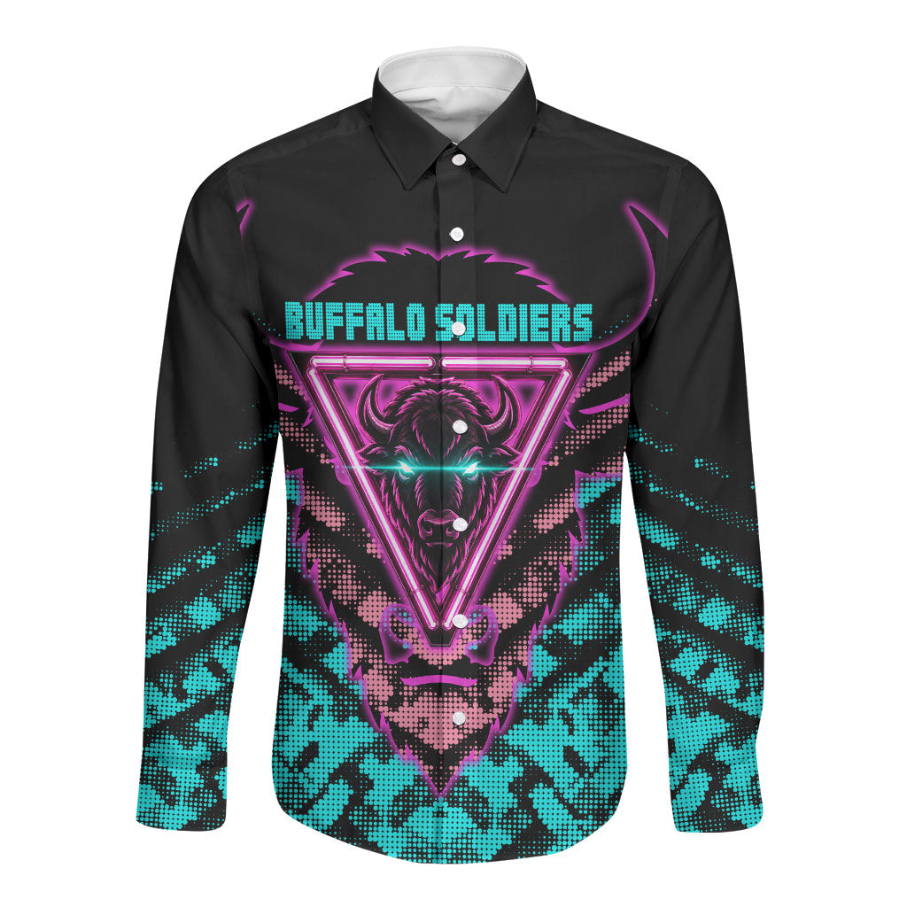 Buffalo Soldiers 9th Cavalry Regiment Long Sleeve Button Shirt Cyberpunk Synthwave Neon Futuristic Graphic Art