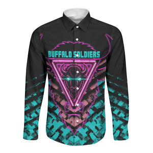 Buffalo Soldiers 9th Cavalry Regiment Long Sleeve Button Shirt Cyberpunk Synthwave Neon Futuristic Graphic Art