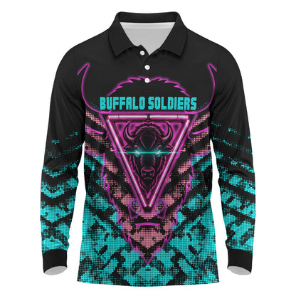 Buffalo Soldiers 9th Cavalry Regiment Long Sleeve Polo Shirt Cyberpunk Synthwave Neon Futuristic Graphic Art