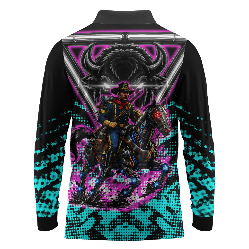 Buffalo Soldiers 9th Cavalry Regiment Long Sleeve Polo Shirt Cyberpunk Synthwave Neon Futuristic Graphic Art