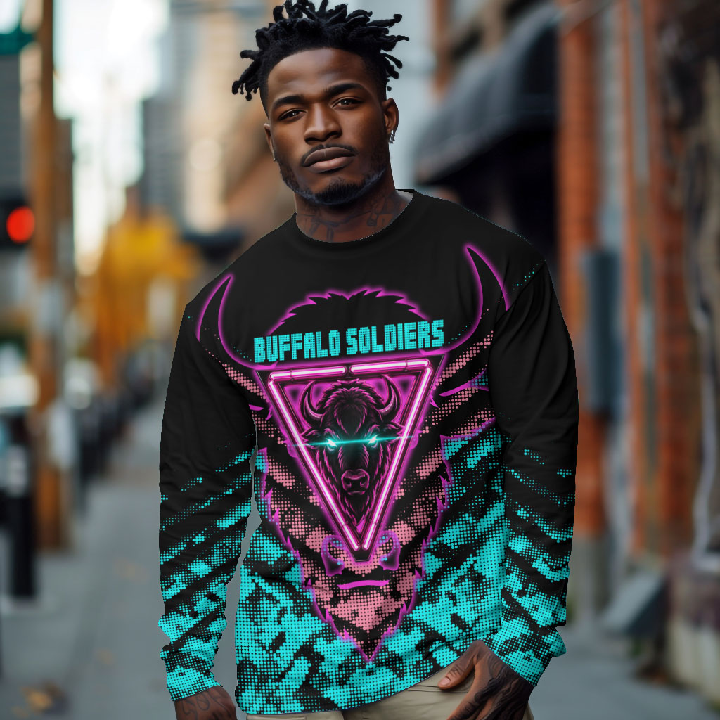 Buffalo Soldiers 9th Cavalry Regiment Long Sleeve Shirt Cyberpunk Synthwave Neon Futuristic Graphic Art