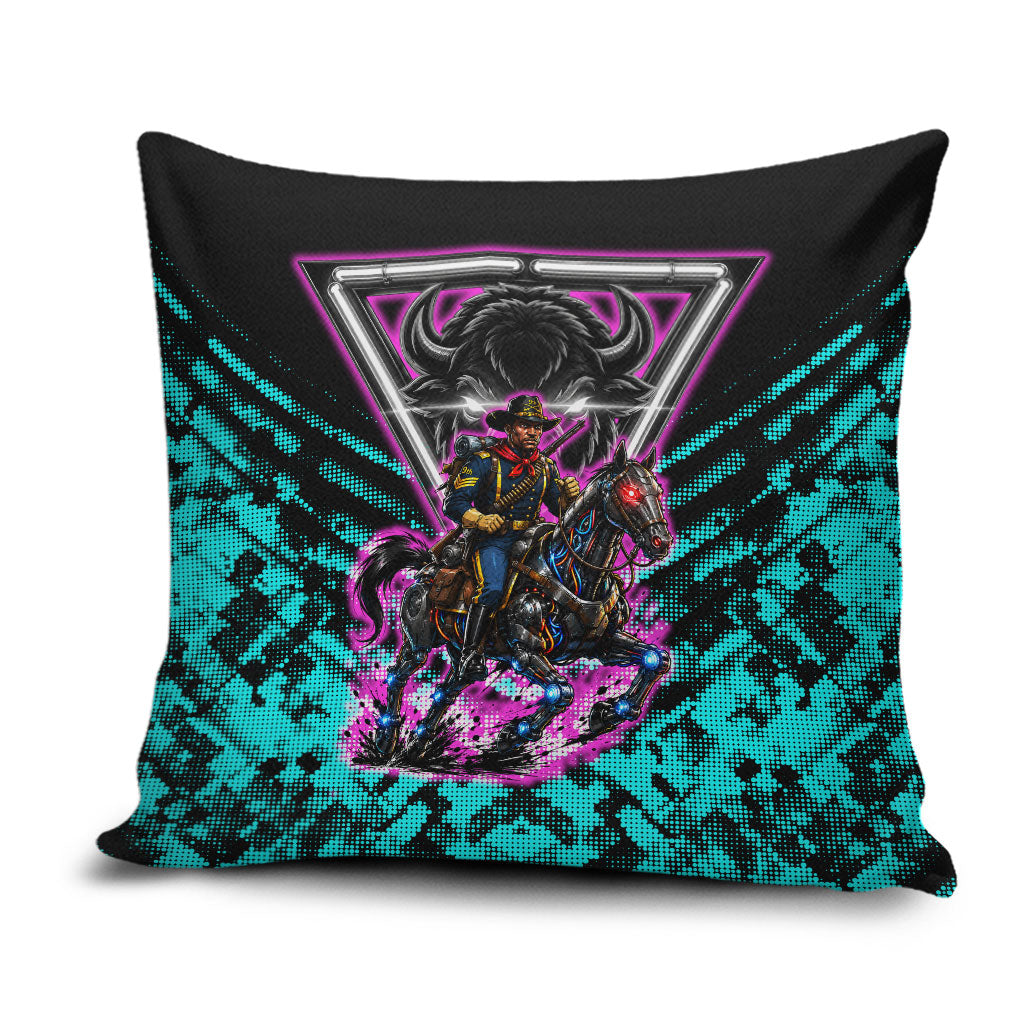 Buffalo Soldiers 9th Cavalry Regiment Pillow Cover Cyberpunk Synthwave Neon Futuristic Graphic Art