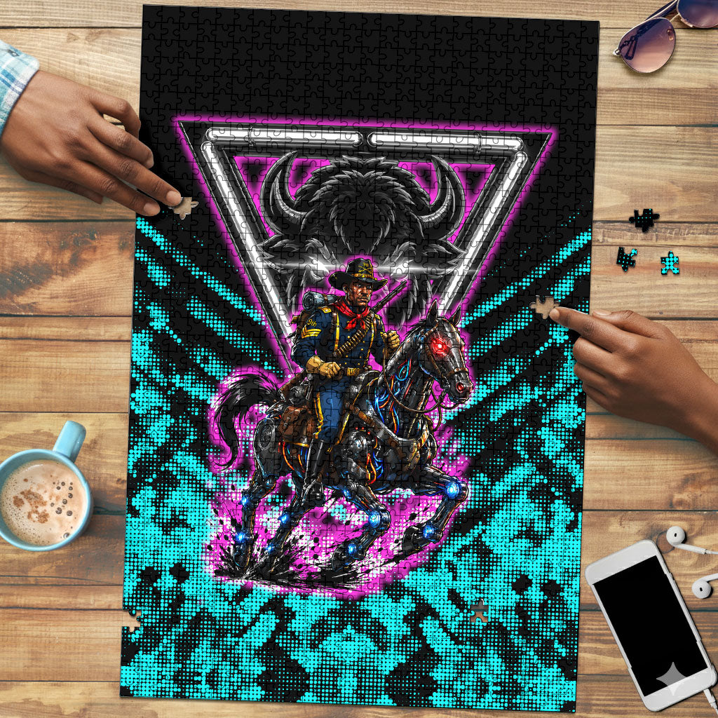 Buffalo Soldiers 9th Cavalry Regiment Puzzle Cyberpunk Synthwave Neon Futuristic Graphic Art