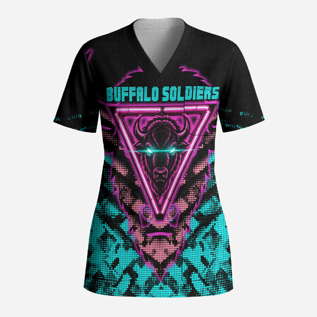 Buffalo Soldiers 9th Cavalry Regiment Scrub Top Cyberpunk Synthwave Neon Futuristic Graphic Art