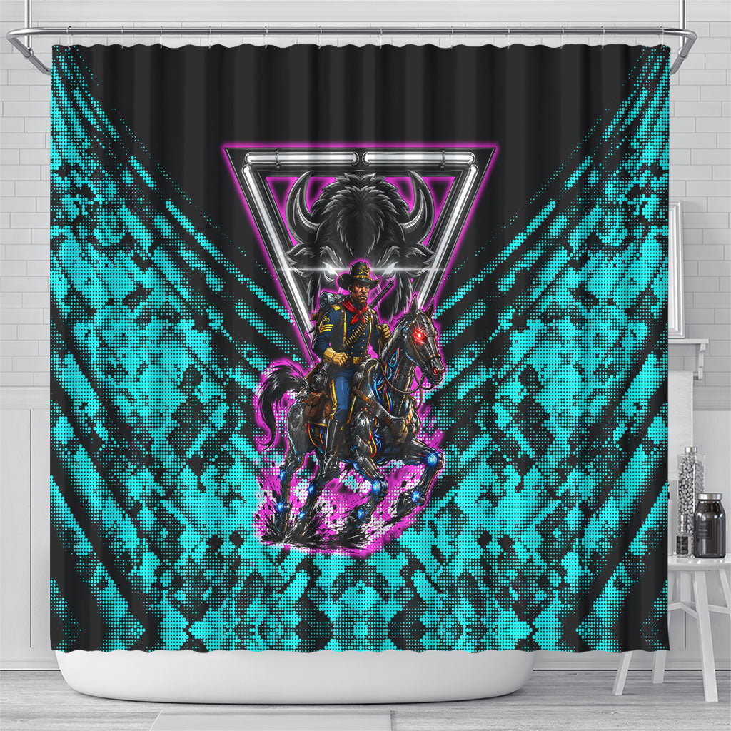 Buffalo Soldiers 9th Cavalry Regiment Shower Curtain Cyberpunk Synthwave Neon Futuristic Graphic Art