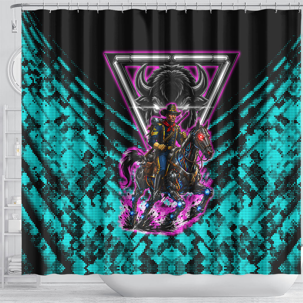 Buffalo Soldiers 9th Cavalry Regiment Shower Curtain Cyberpunk Synthwave Neon Futuristic Graphic Art