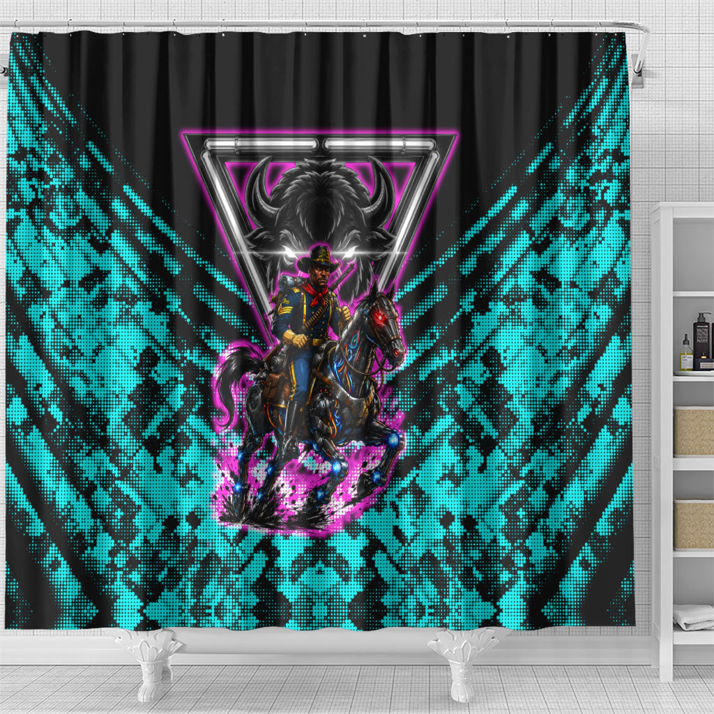 Buffalo Soldiers 9th Cavalry Regiment Shower Curtain Cyberpunk Synthwave Neon Futuristic Graphic Art
