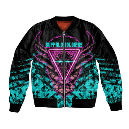 Buffalo Soldiers 9th Cavalry Regiment Sleeve Zip Bomber Jacket Cyberpunk Synthwave Neon Futuristic Graphic Art