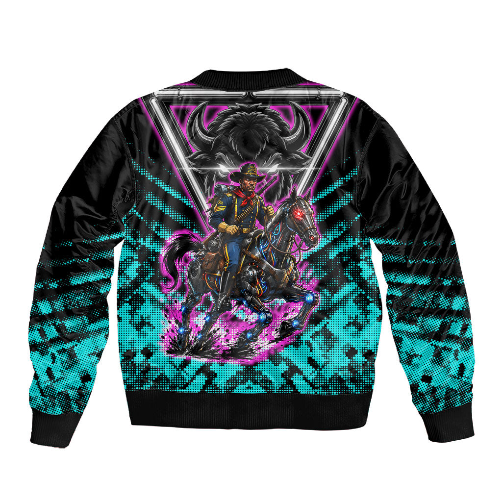 Buffalo Soldiers 9th Cavalry Regiment Sleeve Zip Bomber Jacket Cyberpunk Synthwave Neon Futuristic Graphic Art
