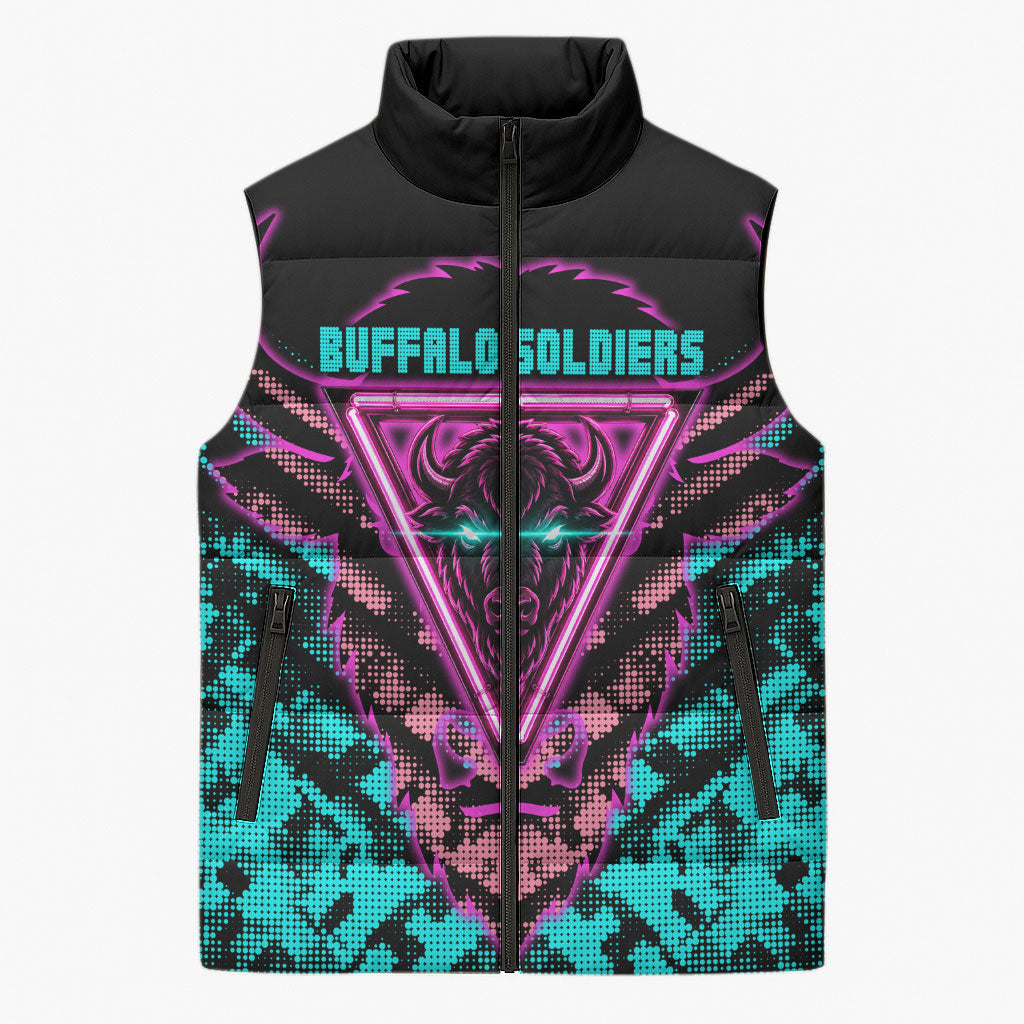 Buffalo Soldiers 9th Cavalry Regiment Sleeveless Puffer Jacket Cyberpunk Synthwave Neon Futuristic Graphic Art