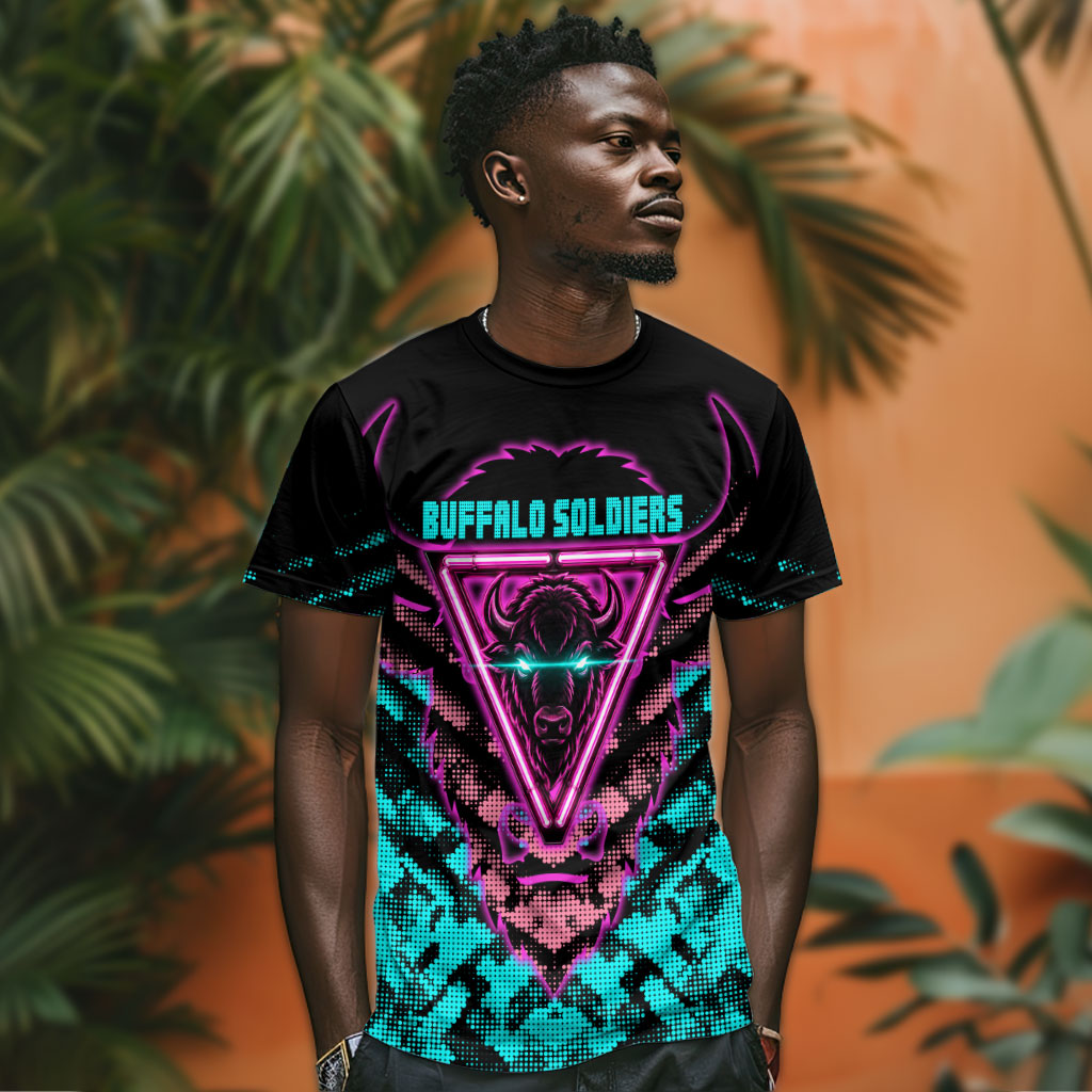 Buffalo Soldiers 9th Cavalry Regiment T shirt Cyberpunk Synthwave Neon Futuristic Graphic Art