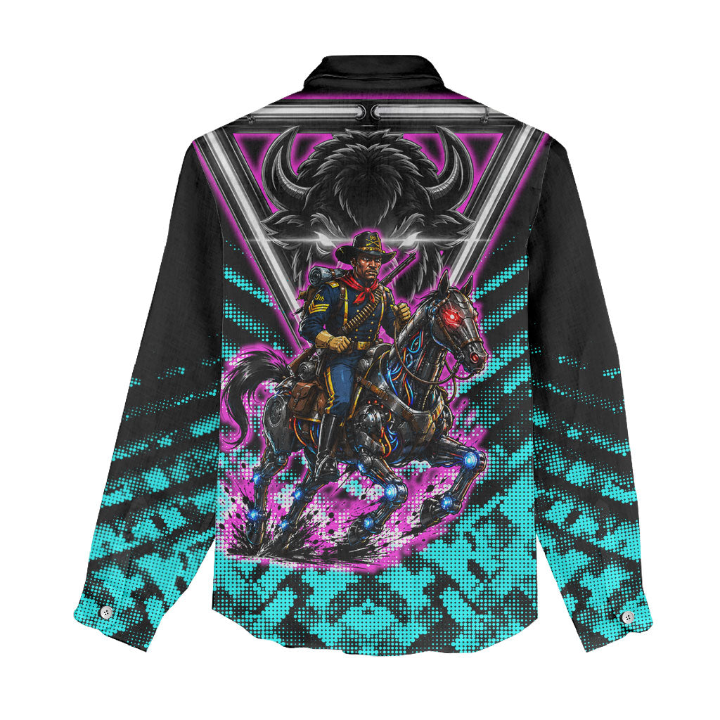 Buffalo Soldiers 9th Cavalry Regiment Women Casual Shirt Cyberpunk Synthwave Neon Futuristic Graphic Art