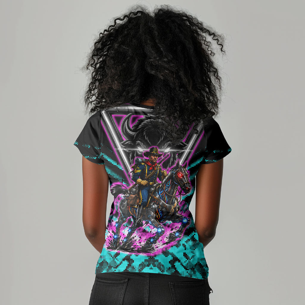 Buffalo Soldiers 9th Cavalry Regiment Women V-Neck T-Shirt Cyberpunk Synthwave Neon Futuristic Graphic Art