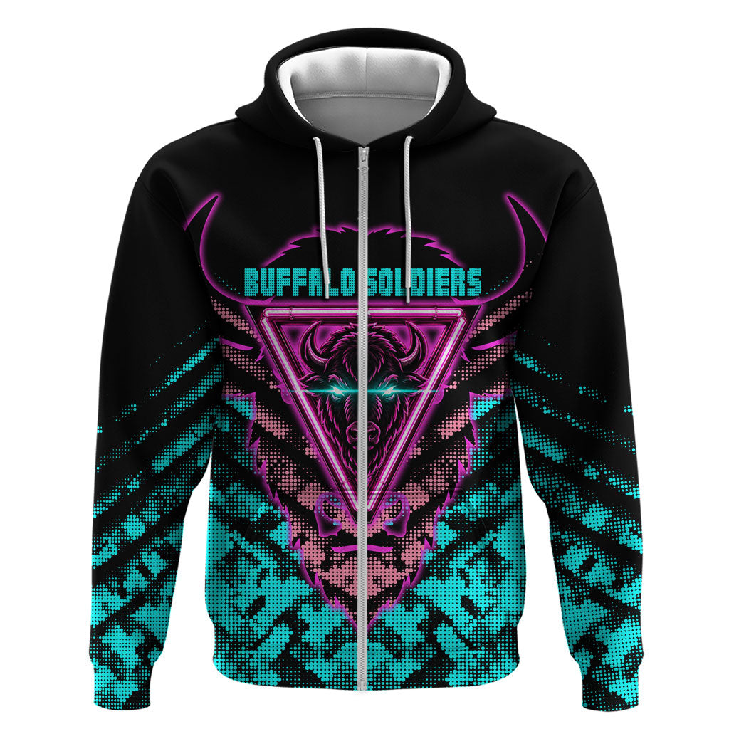 Buffalo Soldiers 9th Cavalry Regiment Zip Hoodie Cyberpunk Synthwave Neon Futuristic Graphic Art