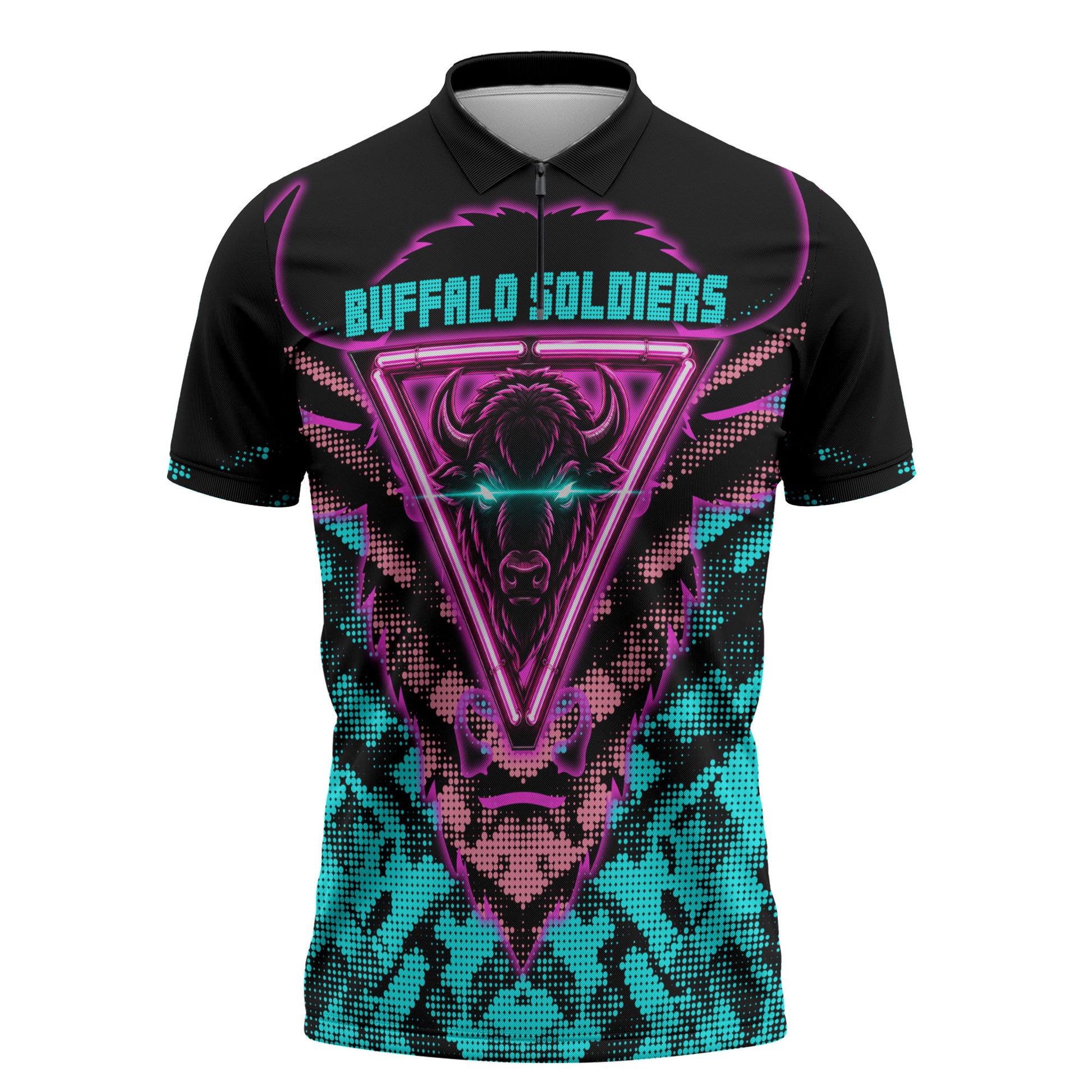 Buffalo Soldiers 9th Cavalry Regiment Zipper Polo Shirt Cyberpunk Synthwave Neon Futuristic Graphic Art