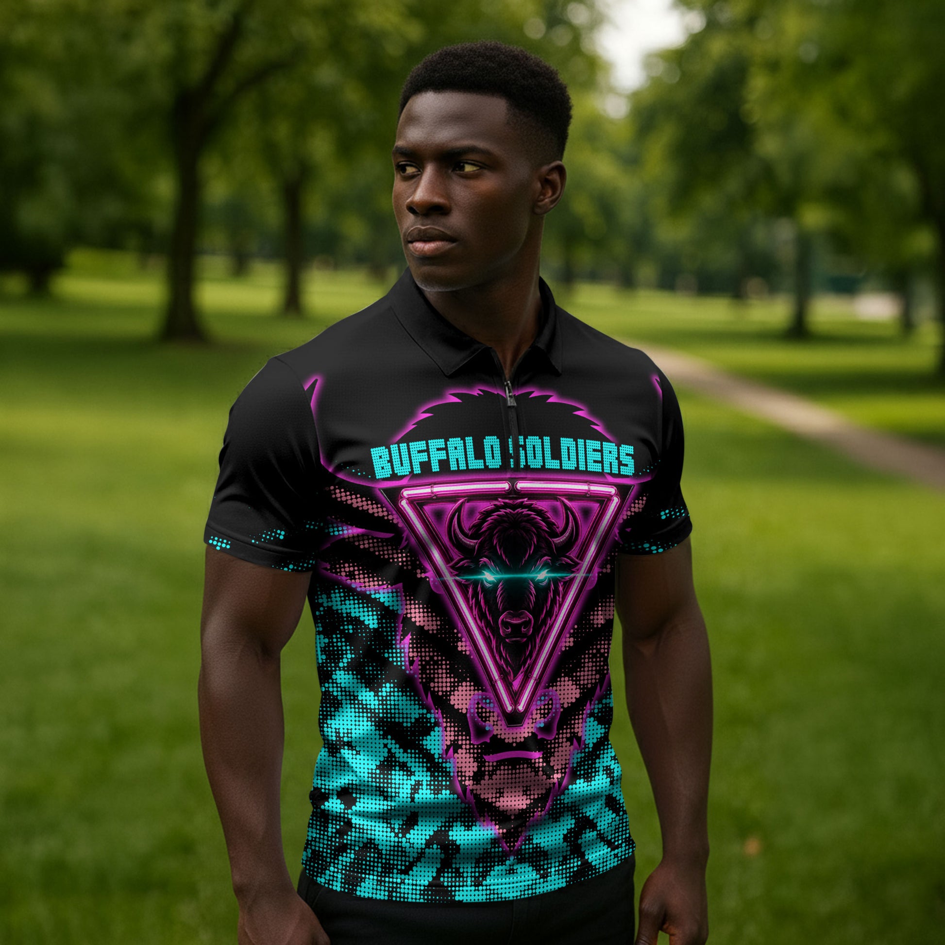 Buffalo Soldiers 9th Cavalry Regiment Zipper Polo Shirt Cyberpunk Synthwave Neon Futuristic Graphic Art