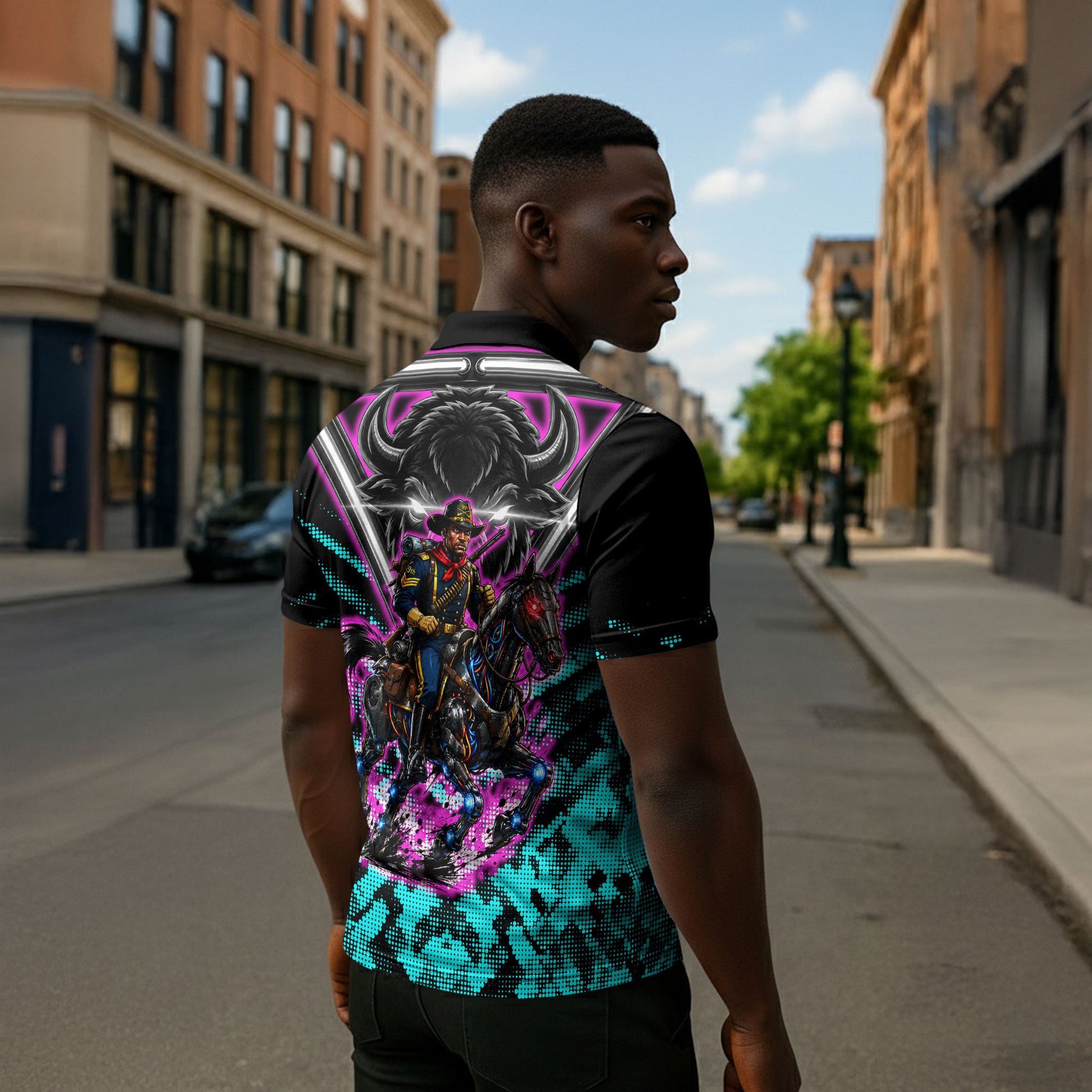 Buffalo Soldiers 9th Cavalry Regiment Zipper Polo Shirt Cyberpunk Synthwave Neon Futuristic Graphic Art