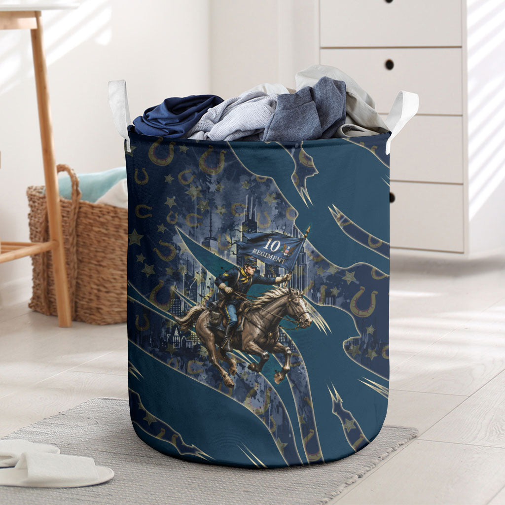 Buffalo Soldiers 10th Cavalry Regiment Ride Or Die Laundry Basket Patriotic Military Heritage Distressed City Skyline Graphic Art