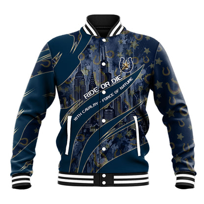 Buffalo Soldiers 10th Cavalry Regiment Ride Or Die Baseball Jacket Patriotic Military Heritage Distressed City Skyline Graphic Art