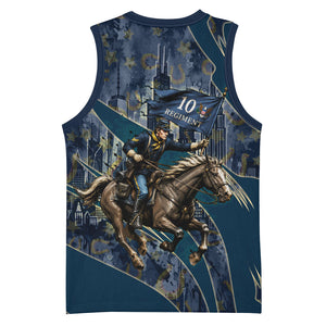 Buffalo Soldiers 10th Cavalry Regiment Ride Or Die Basketball Jersey Patriotic Military Heritage Distressed City Skyline Graphic Art
