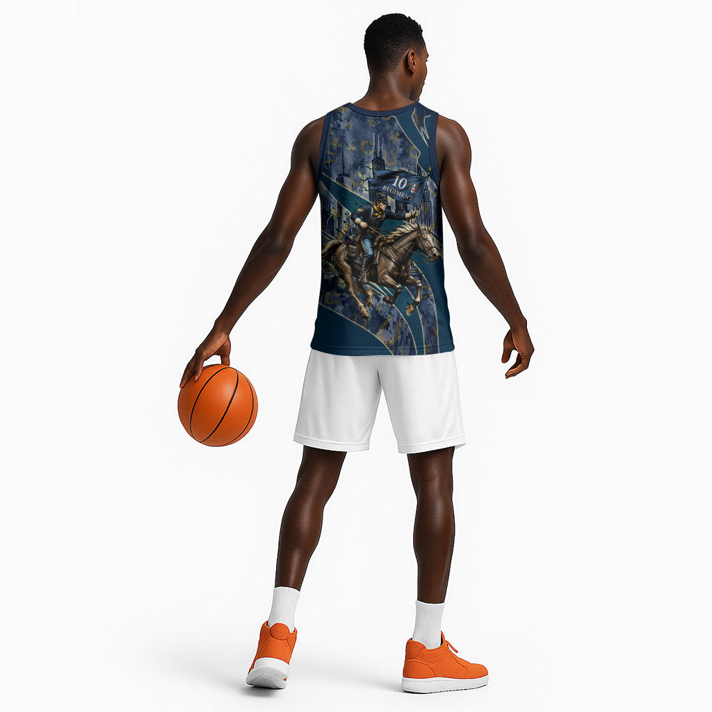 Buffalo Soldiers 10th Cavalry Regiment Ride Or Die Basketball Jersey Patriotic Military Heritage Distressed City Skyline Graphic Art