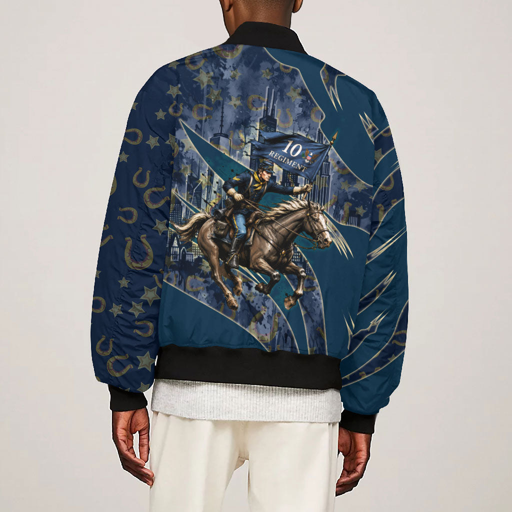 Buffalo Soldiers 10th Cavalry Regiment Ride Or Die Bomber Jacket Patriotic Military Heritage Distressed City Skyline Graphic Art