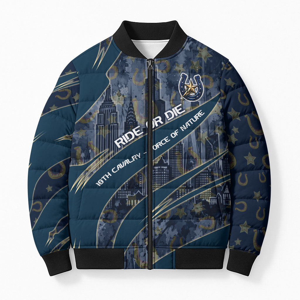 Buffalo Soldiers 10th Cavalry Regiment Ride Or Die Bomber Puffer Jacket Patriotic Military Heritage Distressed City Skyline Graphic Art
