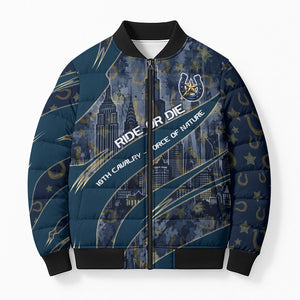 Buffalo Soldiers 10th Cavalry Regiment Ride Or Die Bomber Puffer Jacket Patriotic Military Heritage Distressed City Skyline Graphic Art