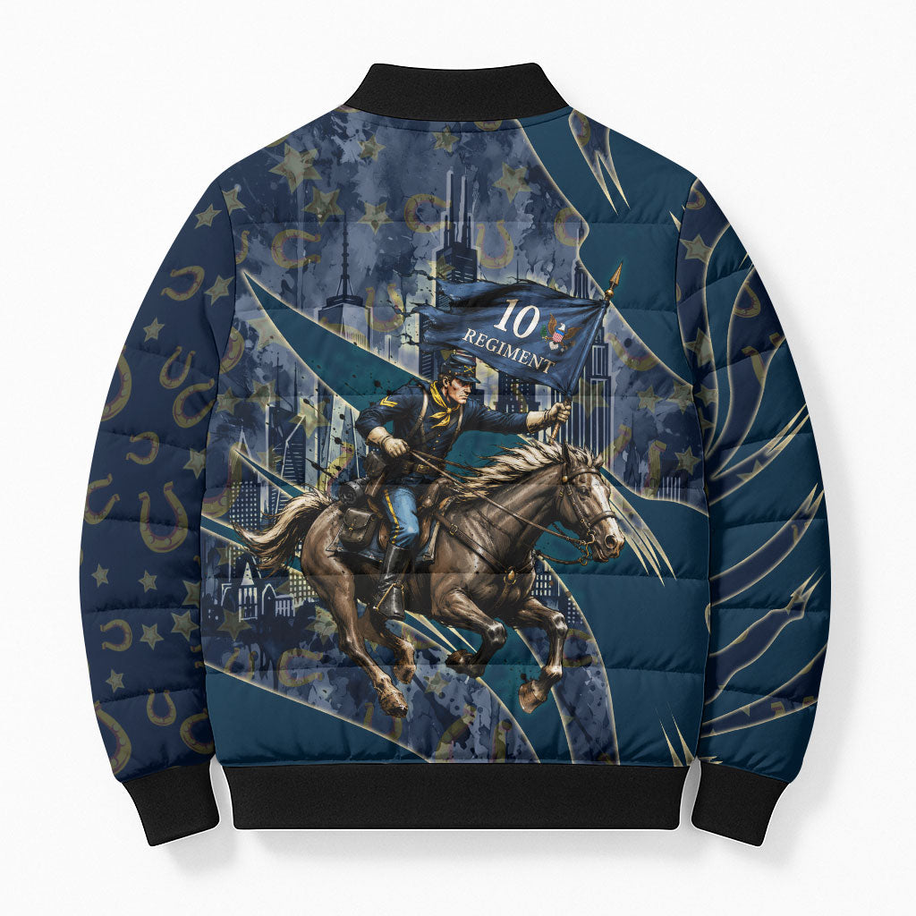 Buffalo Soldiers 10th Cavalry Regiment Ride Or Die Bomber Puffer Jacket Patriotic Military Heritage Distressed City Skyline Graphic Art
