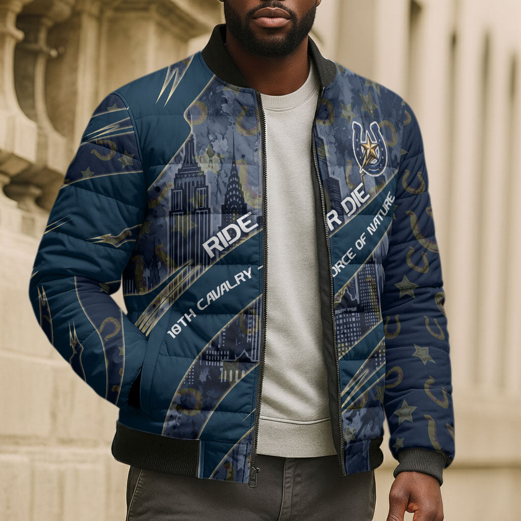 Buffalo Soldiers 10th Cavalry Regiment Ride Or Die Bomber Puffer Jacket Patriotic Military Heritage Distressed City Skyline Graphic Art