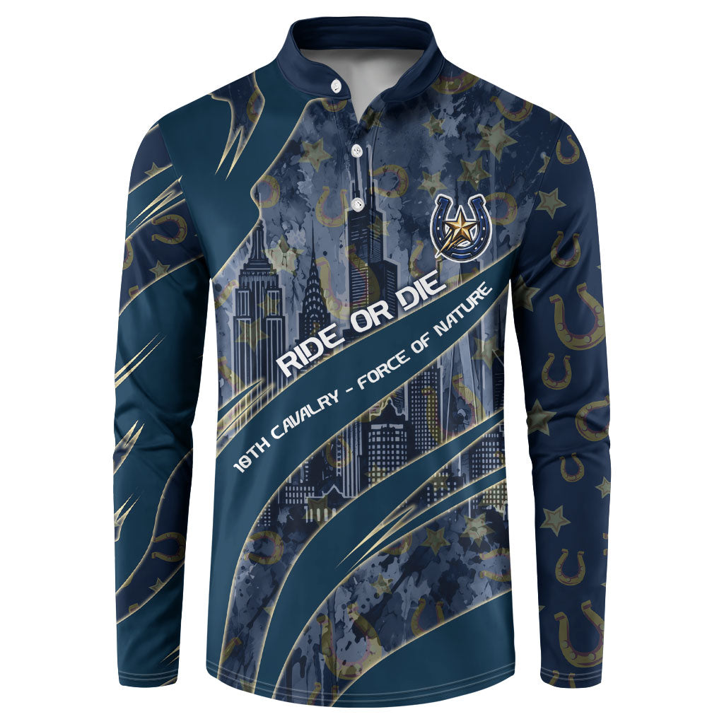 Buffalo Soldiers 10th Cavalry Regiment Ride Or Die Button Sweatshirt Patriotic Military Heritage Distressed City Skyline Graphic Art
