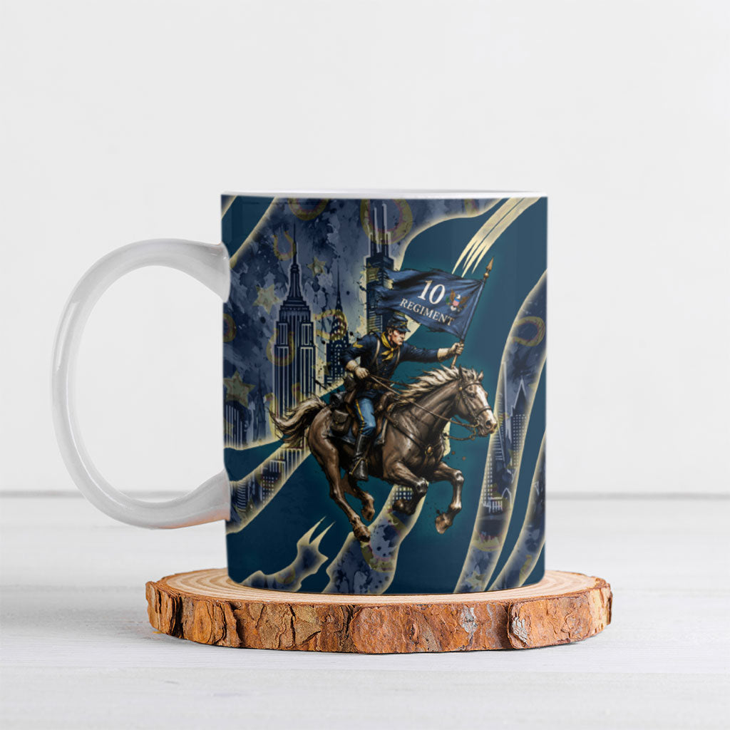 Buffalo Soldiers 10th Cavalry Regiment Ride Or Die Ceramic Mug Patriotic Military Heritage Distressed City Skyline Graphic Art