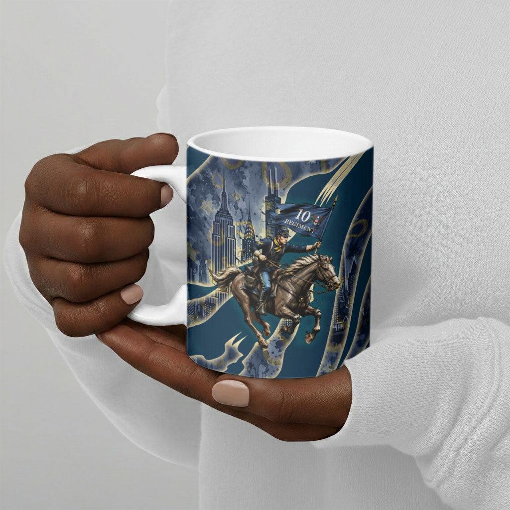 Buffalo Soldiers 10th Cavalry Regiment Ride Or Die Ceramic Mug Patriotic Military Heritage Distressed City Skyline Graphic Art