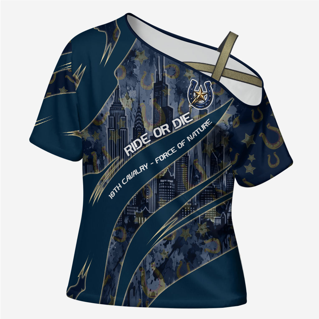 Buffalo Soldiers 10th Cavalry Regiment Ride Or Die Cross Shoulder Shirt Patriotic Military Heritage Distressed City Skyline Graphic Art